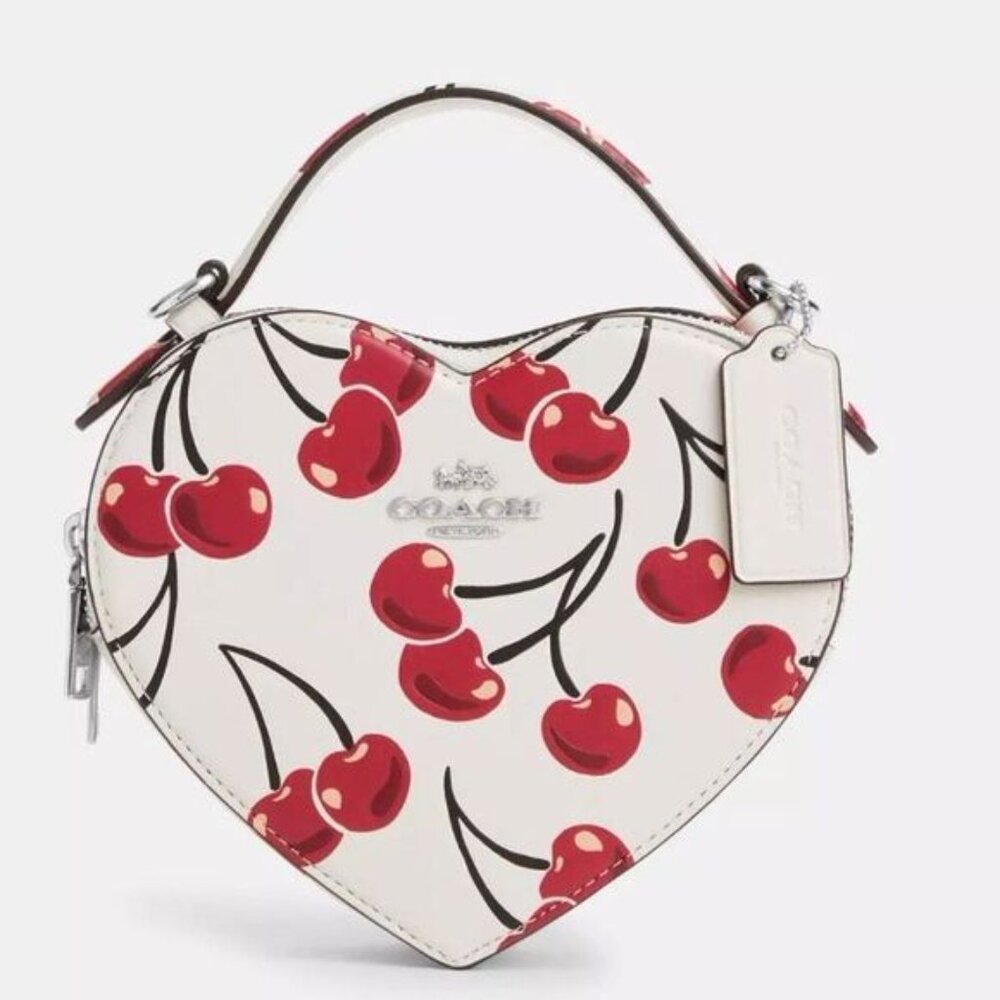 Coach Heart Leather Crossbody Bag Purse With Cherry Print W Detachable Strap New